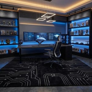 Può includere: Un ufficio domestico con una grande scrivania, tre monitor, una sedia girevole e un tappeto nero con un motivo a circuito stampato bianco. Due scaffali alti con illuminazione a LED blu espongono varie statuette e oggetti da collezione.