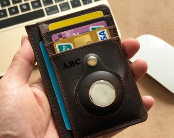 Tarjetero personalizado de piel plena flor con ranura para localizador, funda tipo cartera con bloqueo RFID