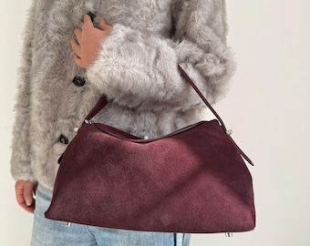 Women Suede Leather Shoulder Bag, Genuine Cowhide Crossbody Purse with Adjustable Strap, Everyday Handbag for Women, Vintage Style Gift
