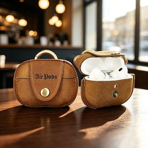 Puede incluir: Un estuche protector de cuero color canela para auriculares inalámbricos con cierre de broche de metal dorado y un mosquetón a juego. El frente del estuche cerrado tiene grabado el texto AirPods. Un segundo estuche abierto muestra auriculares blancos.