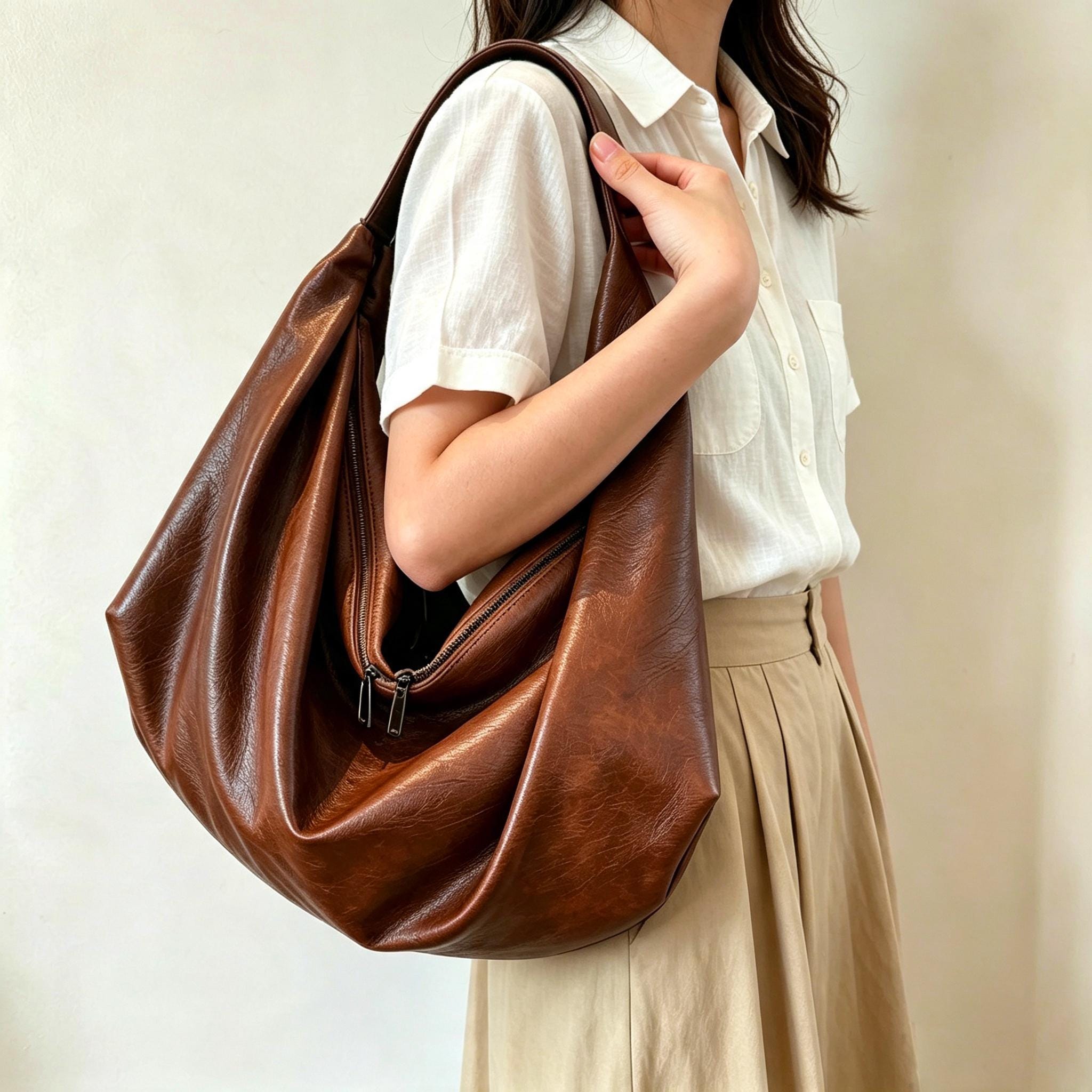 Soft Vegan Leather Slouch Hobo Tote Bag for Women, Casual Shoulder Purse, Large Daily Carry Handbag Work Birthday Gift