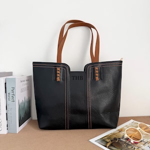 Large PU Leather Tote Bag for Women, Large Capacity Work Shoulder Bag, Casual Office Laptop Handbag, Stitched Contrast Strap Everyday Purse