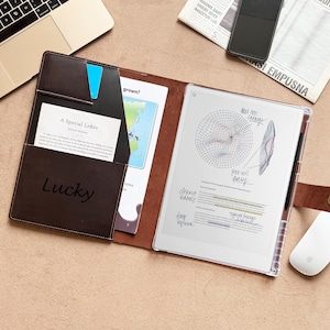 May include: A brown leather folio with the word "Lucky" embossed on the front. Inside, there's a tablet with a clear case, a stylus, and a document with handwritten notes and diagrams. A laptop, phone, and mouse are also visible.