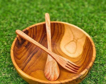Handmade Original Teak Wooden Bowl with Fork and spoon