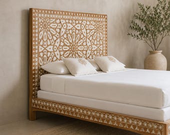 Handgefertigtes Kopfteil Bettrahmen | Geometrisches Blumen geschnitztes Kopfteil | Luxus Schlafzimmer Möbel