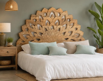Handcrafted Wooden Headboard | Carved Floral Wall Headboard | Rustic Farmhouse Bedroom Decor | King Queen Bed