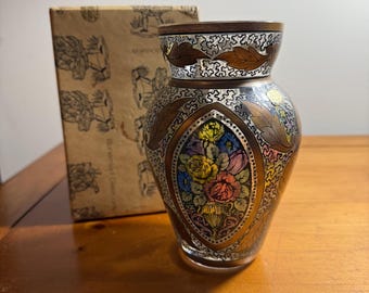 Vintage Boho Kristall-Buntglasvase aus der Tschechoslowakei mit Box