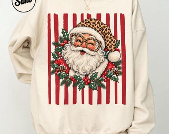 Leopard Santa Sweatshirt, Retro Christmas Crewneck, Red Stripe Santa Claus Sweater, Vintage Holiday Graphic Pullover, Cute Xmas Gift for Her