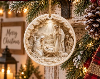 May include: A round, cream-colored 3D relief print ornament featuring a nativity scene with figures of Mary, Joseph, and the infant Jesus in a manger. The circular design includes a starburst light effect above the figures and a gold hanging cord.