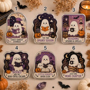 May include: Six rectangular acrylic plaques featuring cute white ghosts in various reading scenes with pumpkins, books, and candles. Each plaque includes text: COZY GHOST STORIES, TIS THE SPOOKY SEASON, READING SPOOKS & SPELLS, BOOKS ARE MY BOO-TIFUL ESCAPE, LITTLE GHOSTS BOOK CLUB, and JUST ONE MORE CHAPTER.
