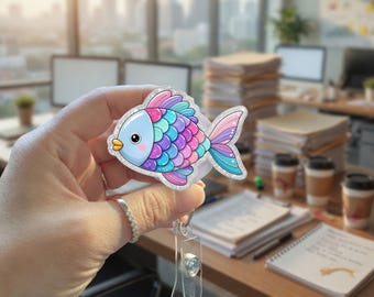 May include: A badge reel featuring a glittery, cartoon-style fish with a light blue head, orange lips, and scales in shades of pink, purple, and teal. The fish has a silver glitter outline and is attached to a clear plastic retractable cord mechanism.