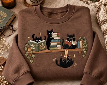 Bookish Cat Embroidered Sweatshirt, Reading Black Cats Crewneck, Cozy Book Lover Sweater, Cute Librarian Gift, Cottagecore Bookworm Pullover
