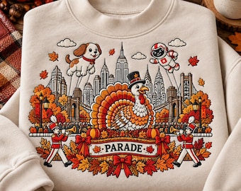 Thanksgiving Parade Embroidered Sweatshirt, NYC Skyline Turkey Day Crewneck, New York City Fall Pullover, Festive Turkey Gift, Autumn Outfit