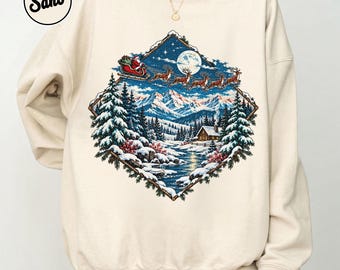 Vintage Santa Sleigh Sweatshirt, Christmas Reindeer Crewneck, Winter Mountain Cabin Graphic Pullover, Retro Holiday Style, Xmas Gift for Her