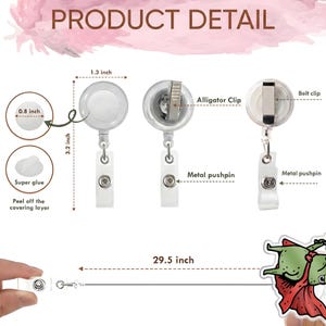May include: Product detail image of a white retractable badge holder with a metal pushpin and alligator clip. The badge holder is 3.2 inches long and 1.3 inches wide. The retractable cord extends 29.5 inches. Includes super glue and a peel-off layer.