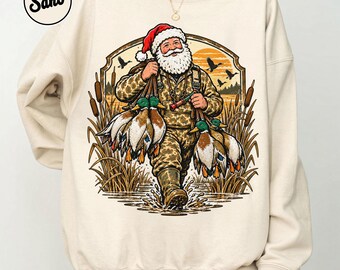 Duck Hunting Santa Sweatshirt, Vintage Camo Christmas Crewneck, Retro Outdoorsman Santa Graphic Sweater, Mallard Duck Hunter Christmas Gifts