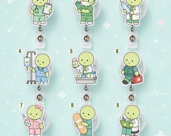 May include: A collection of nine retractable badge reels featuring light green cartoon characters in various medical roles. Each character is depicted with items like a clipboard, syringe, IV drip, medicine bottles, medical bag, or bandage.