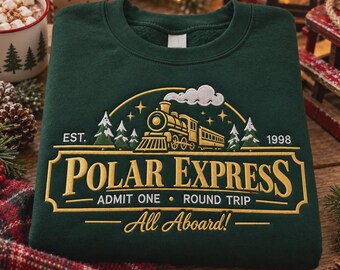 Polar Express Embroidered Sweatshirt, Christmas Train Crewneck, All Aboard Holiday Sweater, Vintage North Pole Winter Pullover, Gift for Her