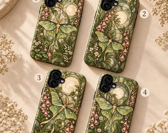 May include: Four rectangular phone cases labeled 1 through 4, each featuring a green moth centered among botanical illustrations of ferns, small white flowers, and pink bell-shaped blossoms under a circular moon, all in a stained glass style.