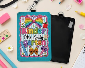 Personalized Kindergarten Teacher Badge Holder, Custom ID Badge Wallet with Lanyard, Rainbow Bow Teacher ID Card Holder, Back to School Gift