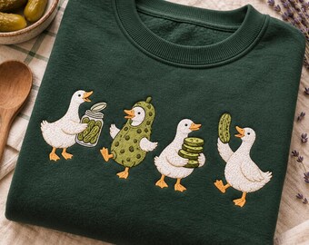 Funny Pickle Goose Embroidered Sweatshirt, Cute Duck Crewneck, Pickle Lover Gift, Silly Goose Sweater, Cottagecore Animal Embroidery for Her