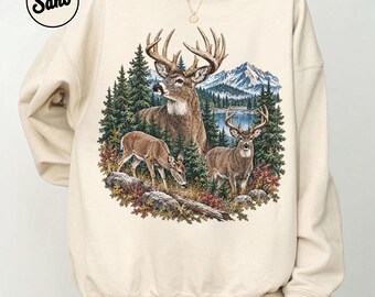 Vintage Deer Sweatshirt, Whitetail Buck Wildlife Print Crewneck, Rustic Forest Mountain Pullover, Outdoor Hunting Gift, Nature Lover Sweater