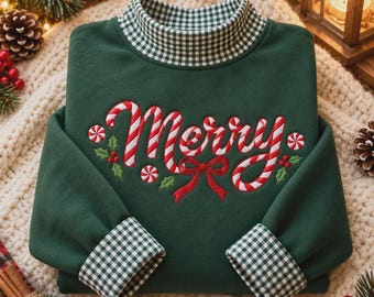 Merry Christmas Gingham Mock Neck Sweatshirt, Embroidered Candy Cane Holiday Sweater, Cozy Forest Green Christmas Pullover, Winter Gift Idea