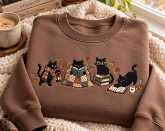 Bookish Cat Embroidered Sweatshirt, Cozy Reading Black Cats Crewneck, Cute Book Lover Gift, Fall Cat Mom Sweater, Autumn Bookworm Sweatshirt
