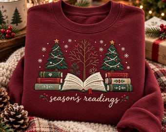 Season's Readings Embroidered Sweatshirt, Christmas Book Lover Crewneck, Holiday Bookish Sweater, Cozy Librarian Gift, Xmas Reading Pullover