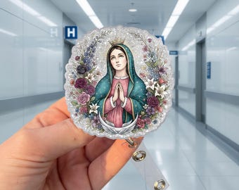 Porta badge della Vergine Maria, porta badge di Nostra Signora di Guadalupe, clip retrattile per badge identificativo cattolico, regalo cristiano per infermieri, porta badge floreale