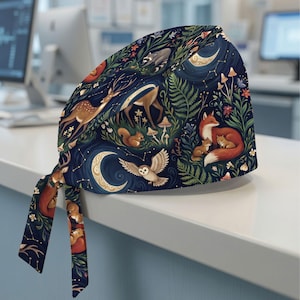 Woodland Animals Scrub Cap, Celestial Forest Surgical Hat, Fox Owl Deer Nurse Cap, Moon and Stars Bouffant Scrub Hat, Nature Nurse Gift