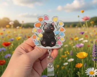 Schwarze Katze Floral Badge Reel, niedlichen Katzen Krankenschwester Ausweishalter, Katzenliebhaber ID Reel, Vet Tech Geschenk, Lehrer Ausweis Clip, personalisierte Name Badge Reel