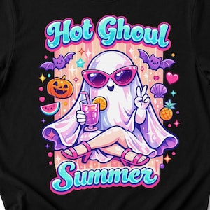 May include: A black t-shirt featuring a graphic of a white ghost wearing pink sunglasses and sandals, holding a drink. The ghost is surrounded by bats, a pumpkin, a pineapple, and a watermelon slice. The text reads Hot Ghoul Summer in blue.