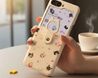 Funda de piel con diseño de gato para Galaxy Z Flip 6 7, color blanco, con tapa abatible de pantalla completa y anillo protector.