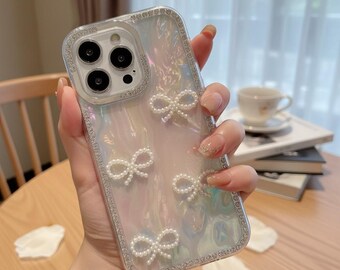 3D Perlen Bogen iPhone Hülle, Glitter Strass Shell Muster, Luxus Bling Phone Cover