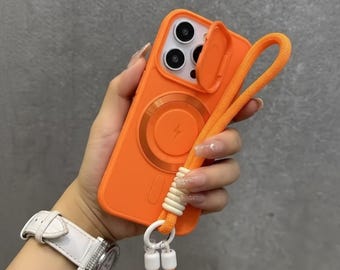 Funda para iPhone con tapa abatible para la cámara, protección magnética para la lente y correa para la muñeca.