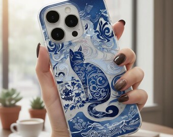 Blau Totem Katze iPhone Fall, künstlerisch Chiffon Textur Schutzhülle