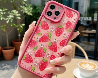 Strawberry Floral iPhone Hülle mit Anhänger Kette, schützende Silikon Strap Cover