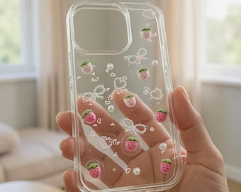3D Erdbeere Glitter Bogen Perle iPhone Hülle, Kawaii Handyhülle
