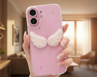 Koreanische INS Engelflügel iPhone Hülle, Glitter Clear Schutzhülle, handgefertigtes Girly Phone Accessory