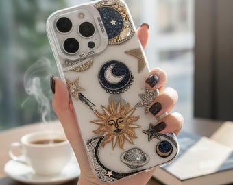 Himmlische Sonne Mond iPhone Hülle, Abstrakte kosmische Kunst Handyhülle, Verträumte Sterne Planeten