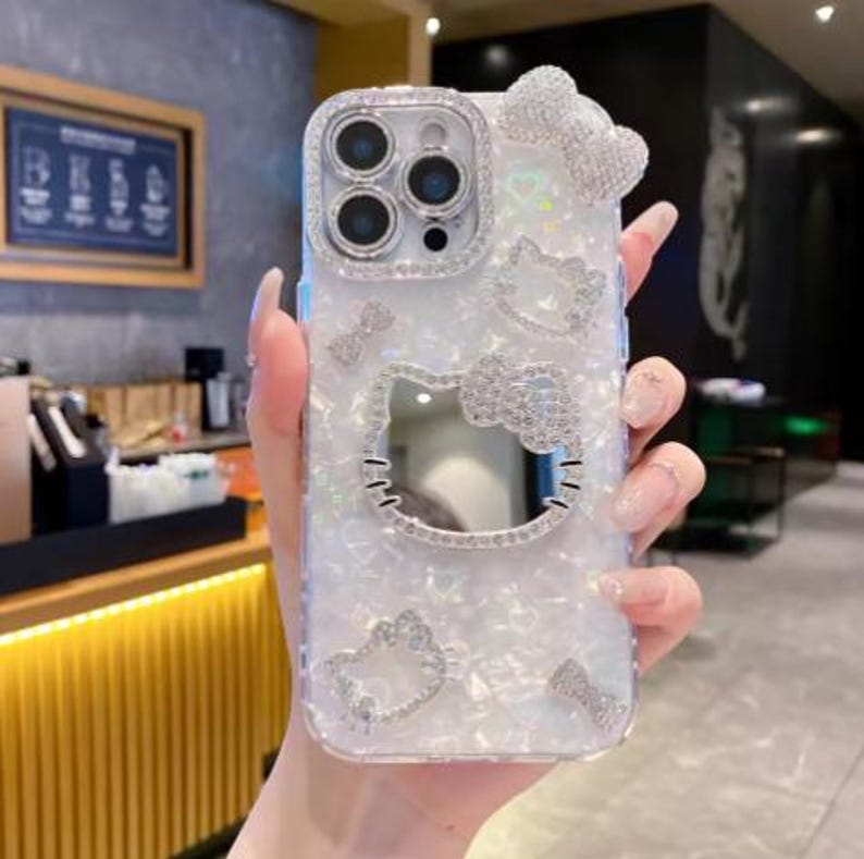 Funda para teléfono con espejo de Hello Kitty, funda kawaii con purpurina para iPhone con espejo de maquillaje, funda a prueba de golpes estilo Sanrio. B