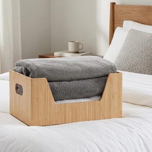 Bamboo Storage Box Stackable Open Front Organizer Bin Closet Shelf Home