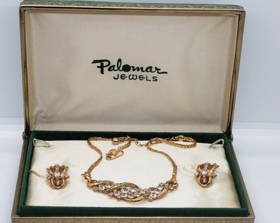 Vintage Gold Necklace Choker Earrings Rhinestone … - image 1