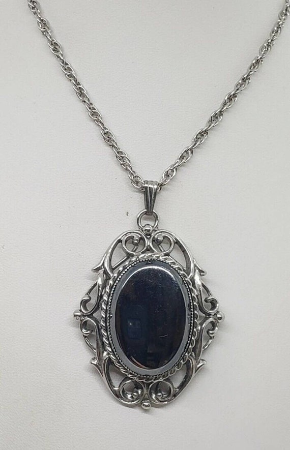 Victorian Revival Hematite Glass Necklace Filigre… - image 1
