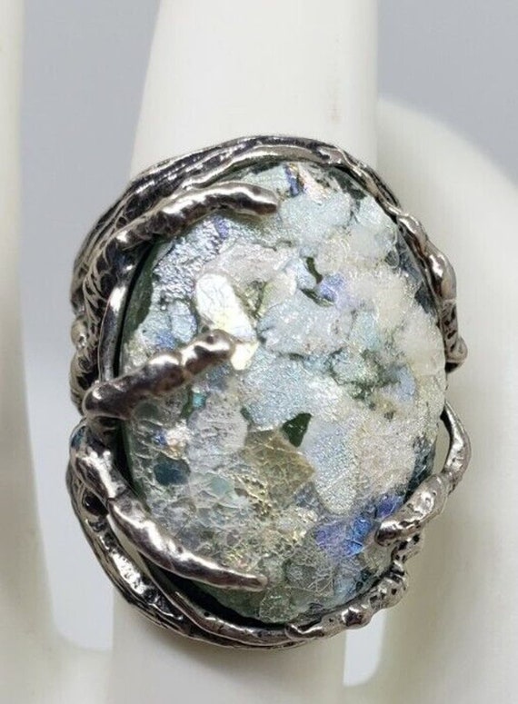 Roman Glass Ring 925 Sterling Silver Ornate Branch