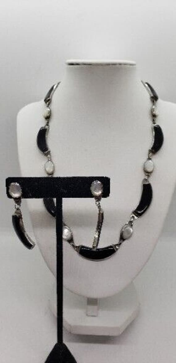 Vintage Necklace Clip Earrings Silver Onyx & Mothe