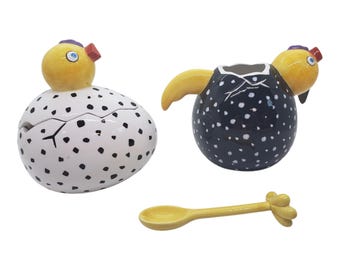 Dept 56 Ceramic Chicken Sugar Bowl & Creamer Set and  spoon Black White Polka Dot