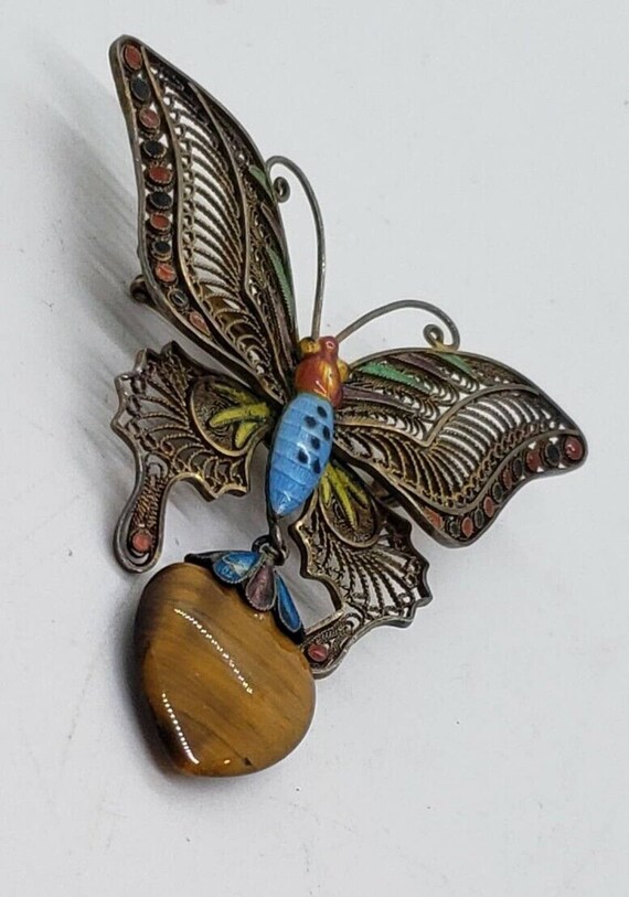 Vintage BIG Butterfly Brooch Silver Filigree Enam… - image 2