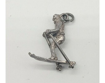 Vintage Ski Sterling Silver 925 Charm Skier Pendant Large 3D Figural Skiing